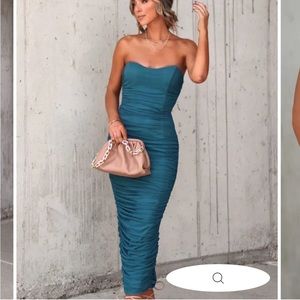 Vici Ruched Dark Teal Strapless Maxi dress